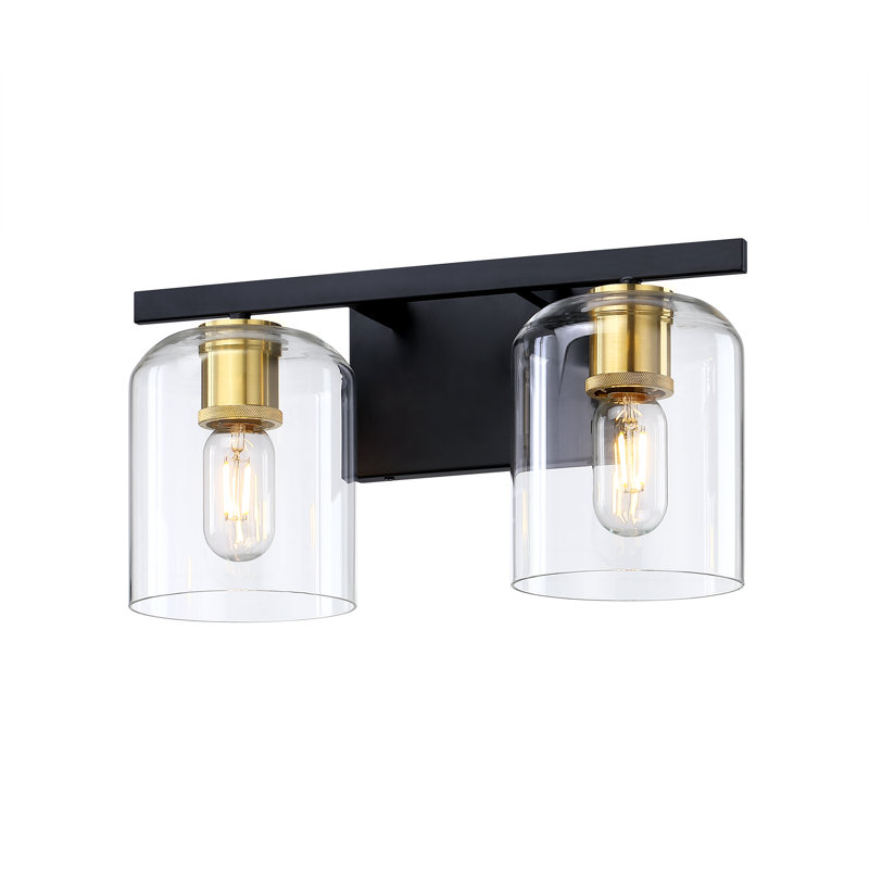 Éclairage pour salle de bain 2 lumières 15,5 po à deux tons noir et or doux avec douilles décoratives rétro et abat-jour en verre transparent