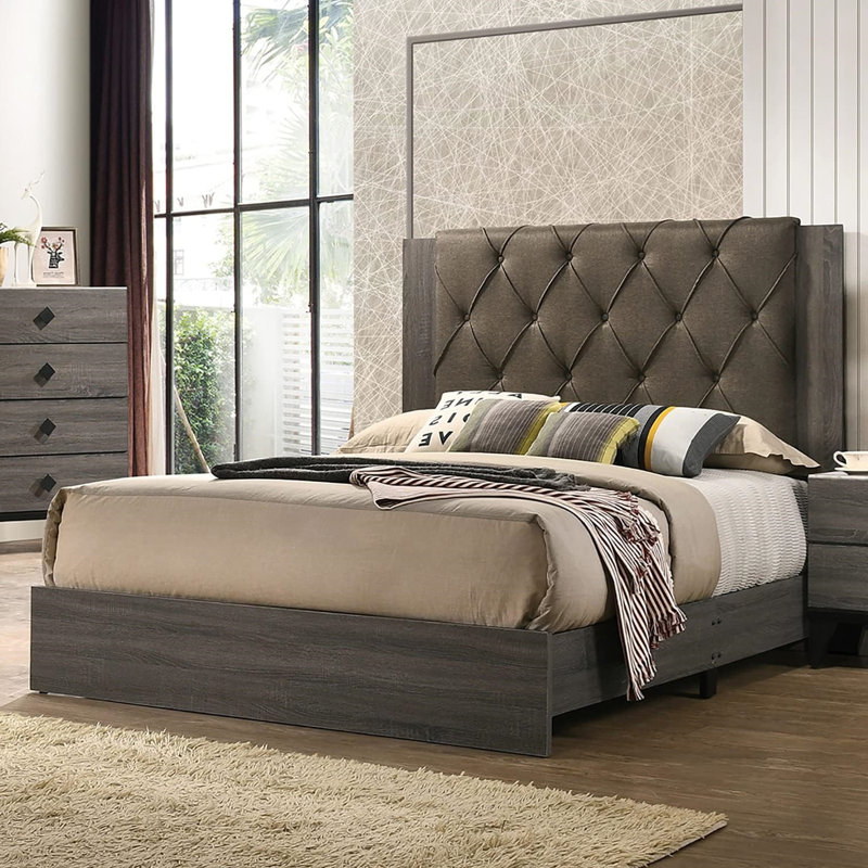 Modern Tufted Queen Bed Frame with Rubberwood Headboard in Gray