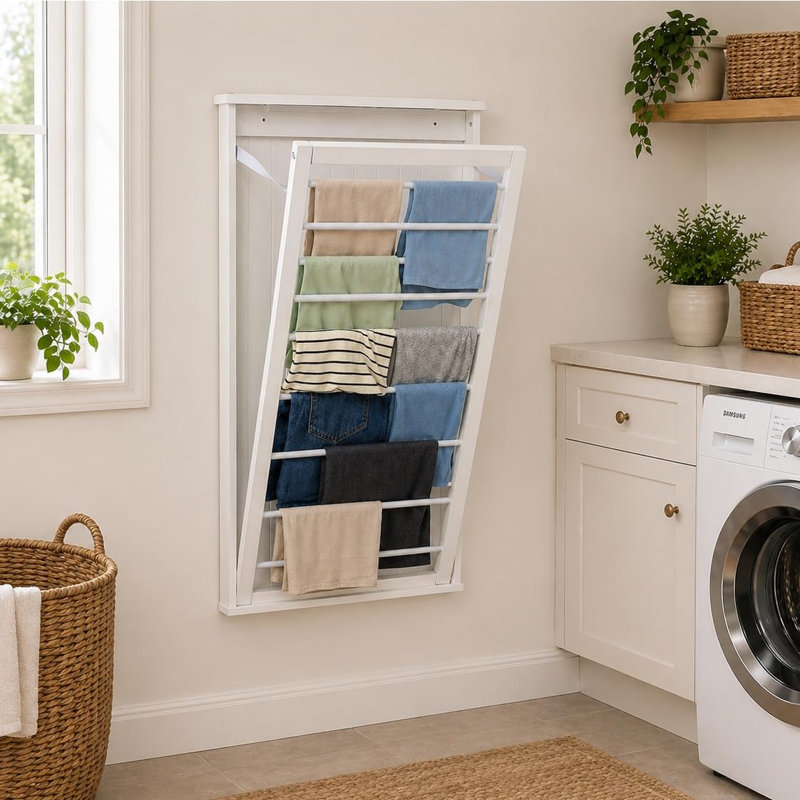 Séchoir à linge mural en bois avec tige de séchage, support à linge pliable et peu encombrant, peut supporter 30 lb