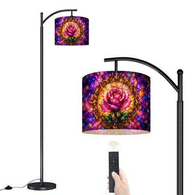  Arc Floor Lamp Stained Glass Print Pink Rose Golden Circular Frame Cosmic Mosaic Tall Modern Standing Lamp LED Adjustable Linen Lampshade 3 Color Temperatures
