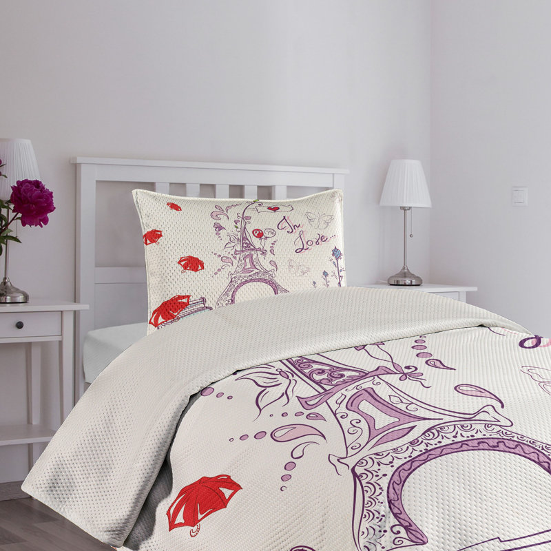 White and Red Eiffel Tower Twin Quilted Bedspread Set