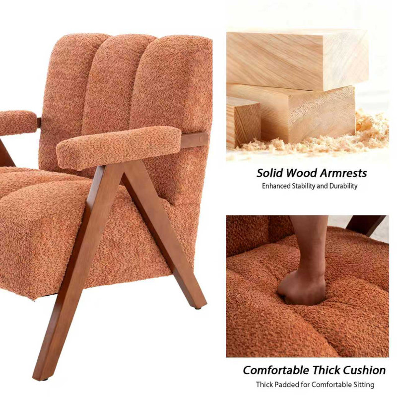 Mid Century Modern Accent Chair, Chenille Armchair With Solid Wood Legs, Channel Tufted Comfy Reading Chair For Living Room
