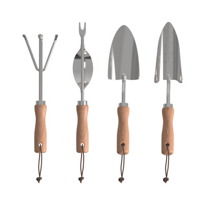 Mayne 4-piece Stainless Steel Garden Tool Set With Ergonomic Wooden Handles & Measuring Trowel