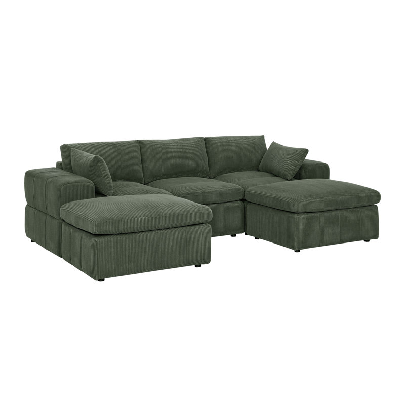 Large Arms Cordory Upholstered Modular Sectional with 2 Ottomans, Corduroy - Dark Green