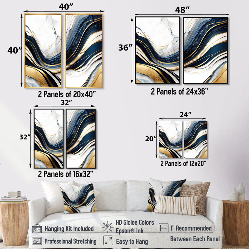 «Abstract Geode Waves Blue and Gold III», art mural abstrait sur toile 2 pièces, H 32 po x l 32 po, Doré