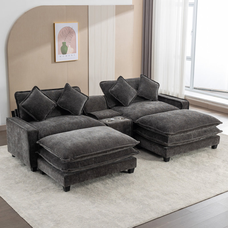 111" Sectional Sofa Chenille Upholstered Sofa With Two Removable Ottoman, Gray Chenille