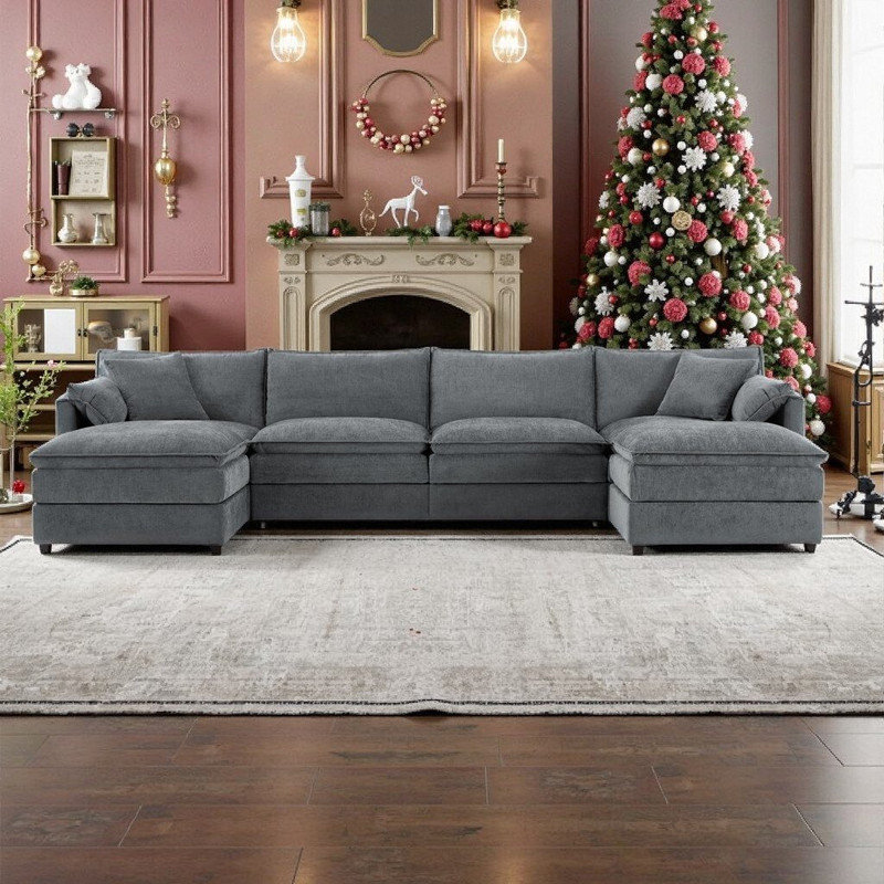 Ensemble de canapé modulaire en forme de U 136 po avec siège profond 136 po Chenille, Gris foncé