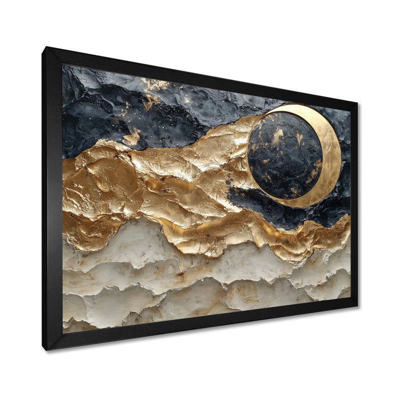 Golden Eclipse on Marble Dancing Waves I - Abstract Realism, art mural, Noir, H 12 po x l 20 po, Cadre de photo unique