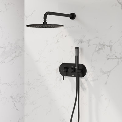 Système de douche à 2 fonctions Angelsey avec valve à pression équilibrée, pomme de douche ronde solide de 12 pouces et douche à main en noir mat