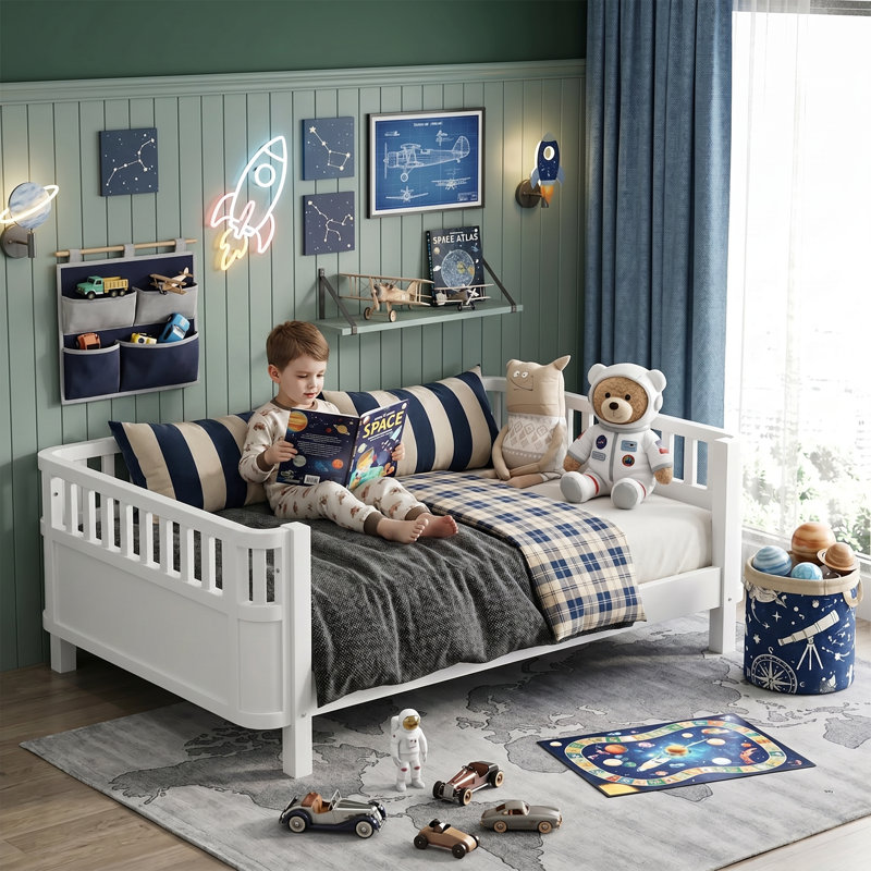 Full Size Low Profile Wood Kids Platform Bed, White Full Bed Frame With Safety Guard Rails For Girls & Boys, Anti-fall Sturdy Kids Bedroom Furniture