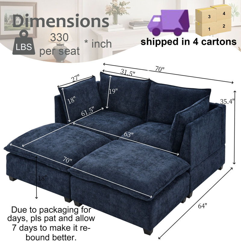 Canapé modulaire en chenille LAF RAF de 70 po de largeur Azzaria, Marine