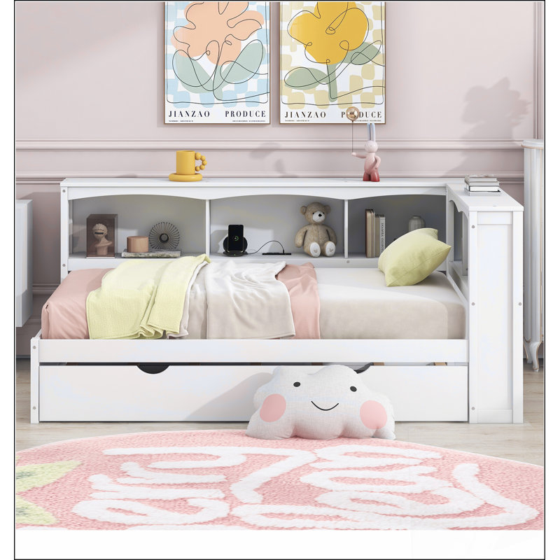 Lit de jour simple avec lit gigogne, armoires de rangement et ports USB, Blanc