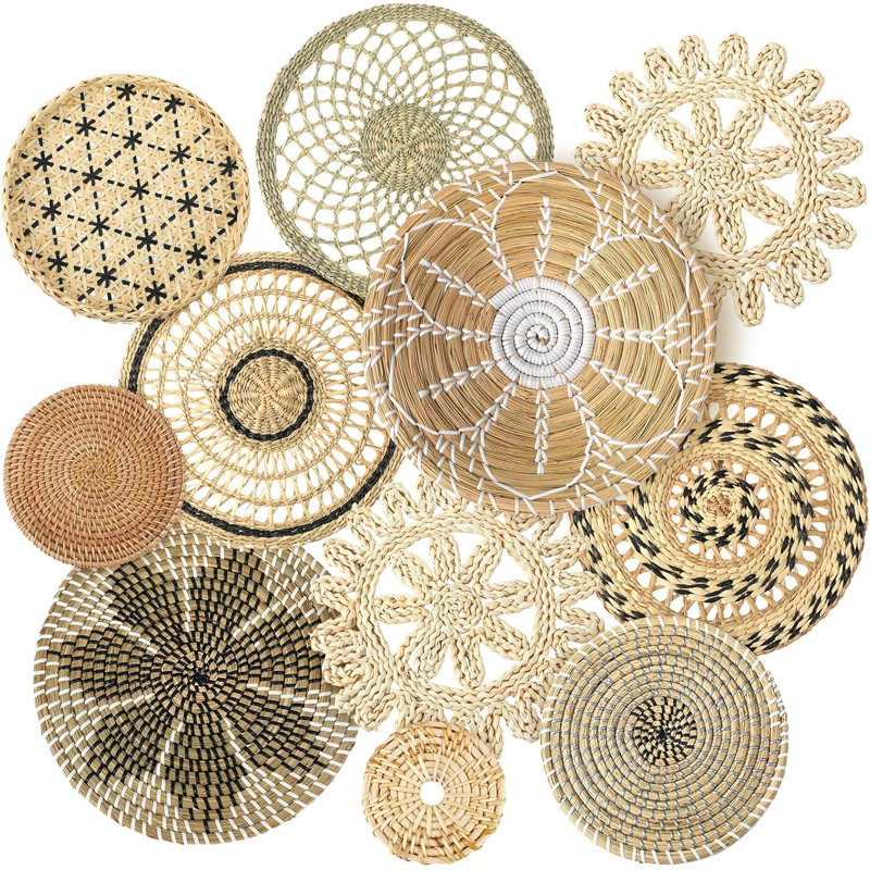 11 pièces Boho décoration murale panier panier décoratif tissé Bulrush Art déco ronde maison de campagne Paniers suspendus pour la cuisine Rustic Home Summer Decorations, multi tailles (vives)