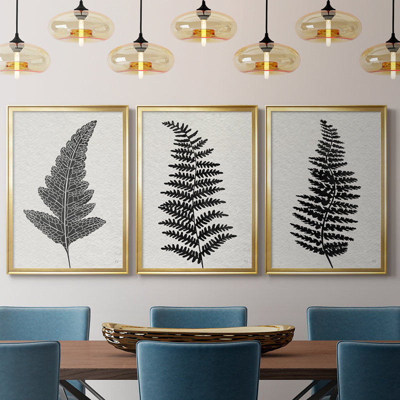 «Forest Fern I» - Toile tendue avec châssis sur mesure - 3 pièces, H 15 po x l 19 po, Doré