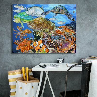Toile épique Graffiti «Sea Life Of The World 2» par Tim Jeffs, art mural 34 po x 26 po
