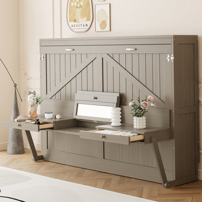 Grand lit escamotable mural avec rangement, armoire-lit pliable avec coiffeuse, miroir central et 2 tiroirs latéraux, gris vieilli