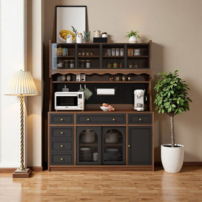 Élégant buffet autoportant de 63 po avec rehausse, bar à café et rangement - Design traditionnel américain brun noir