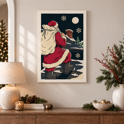 Père Noël transportant un sac sur un toit enneigé, art mural de Noël