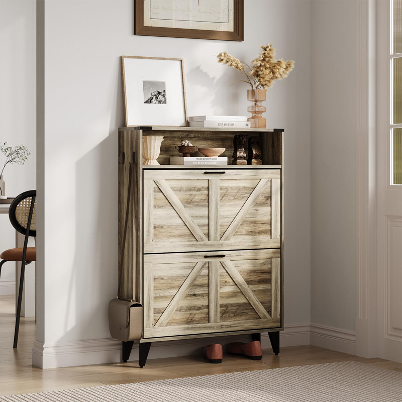 Freestanding Shoe Cabinet with 2 Flip Drawers, Adjustable Shelf and Metal Legs for Entryway Storage, Gray
