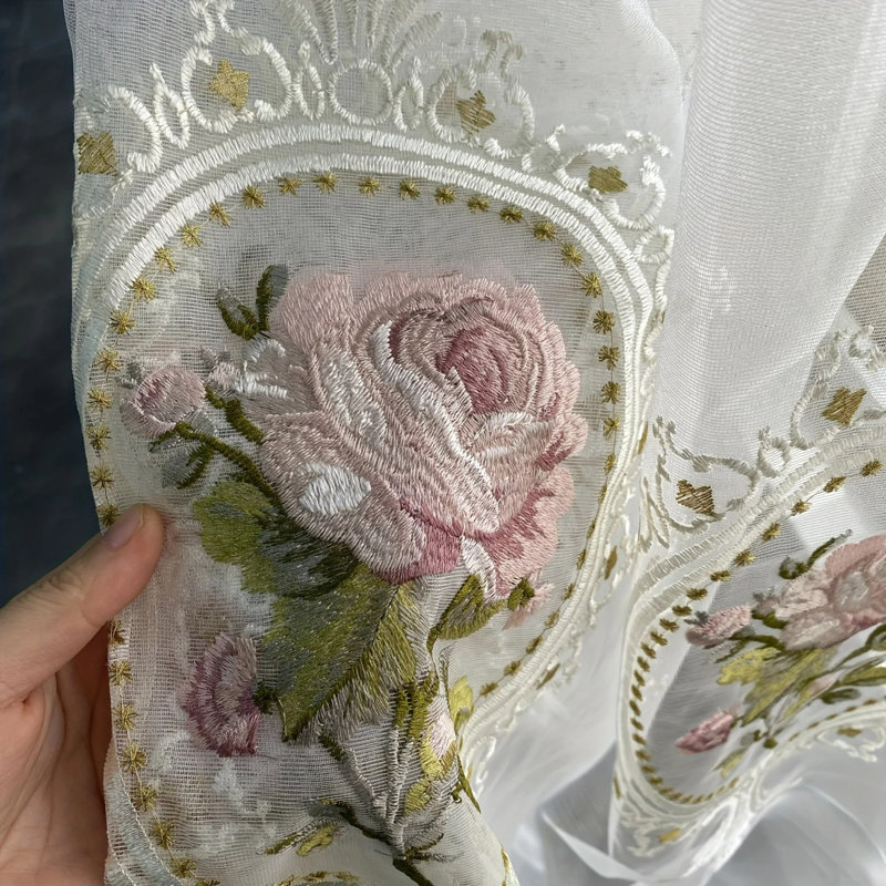 2Panels American Luxury Peony Embroidery Tulle Curtain For Living Room European Elegant Flower Embroidery Sheer Voile Drapes Bedroom Grommet top (WHITE,Grommet top (Pack of 2))