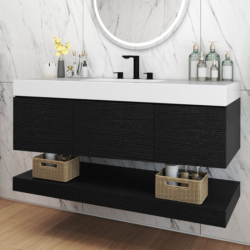  Meuble-lavabo mural 48 po avec plateau en pierre reconstituée 48 po, Noir