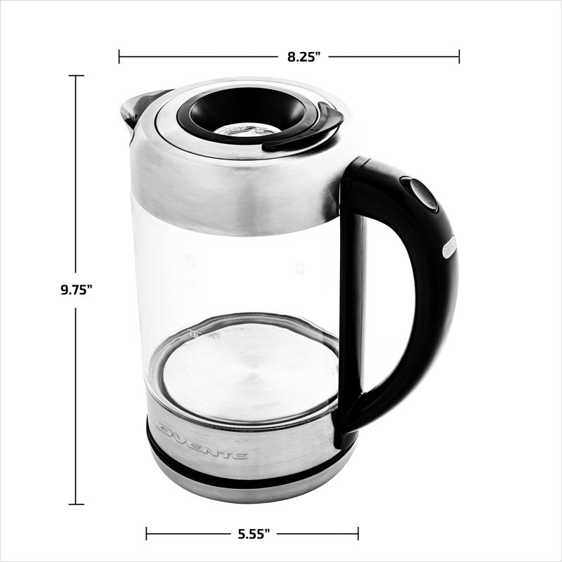 OVENTE Electric Kettle with 1.7L Borosilicate Glass, 1500W Instant Water Boiler and Heater for Coffee or Tea, BPA Free, Easy to Fill Lid, Auto Shut-Off and Boil Dry Protection, Silver KG612S