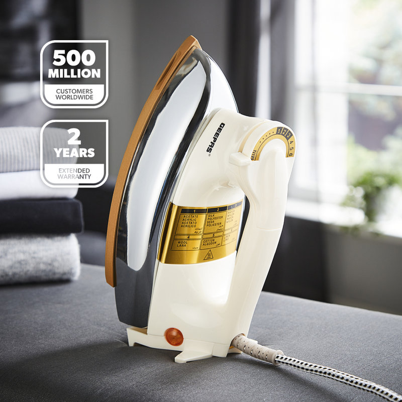 GEEPAS Dry Iron | Clothes Heavyweight Electric Press | 2m Initial Heat up Non-Stick Soleplate Adjustable Temperature | Overheat Protection Professional Industry Home Use | 2 Year Warranty 1200W White