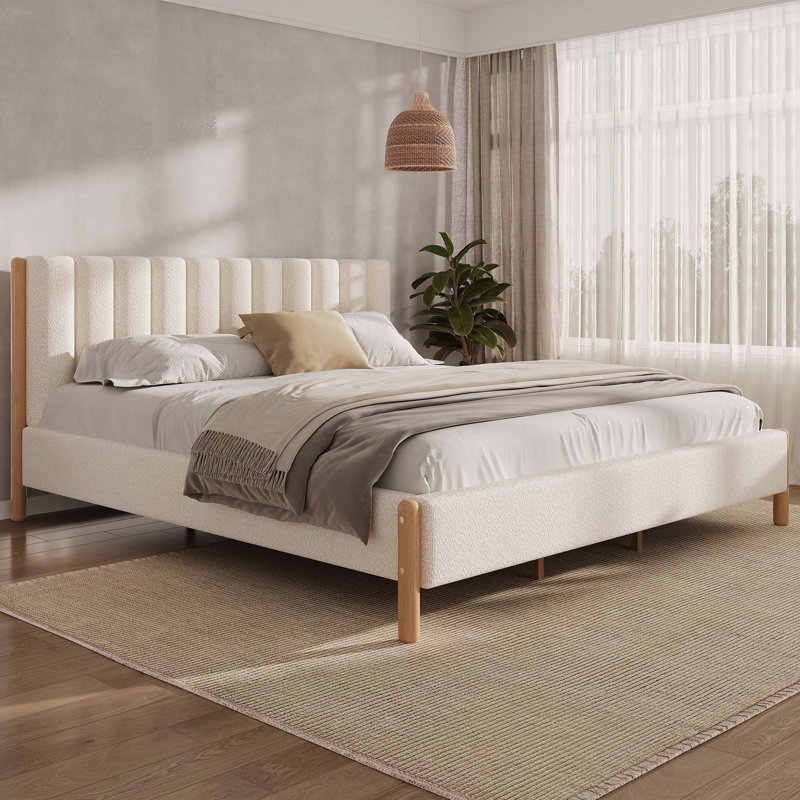 Dawnn Boucle Upholstered Bed With Thick Headboard & Wooden Legs, King