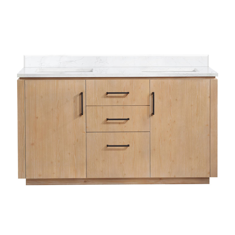 Meuble-lavabo double 60 po Cloverfield, Bois de sapin brun, Noir mat