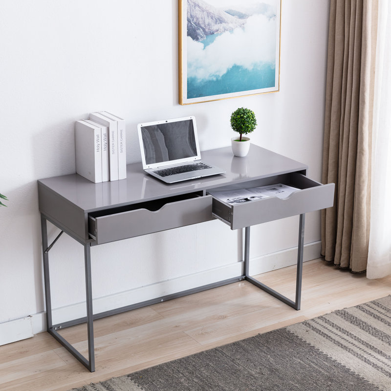 Contemporary Gray Wood Writing Desk with Drawer and Metal Base