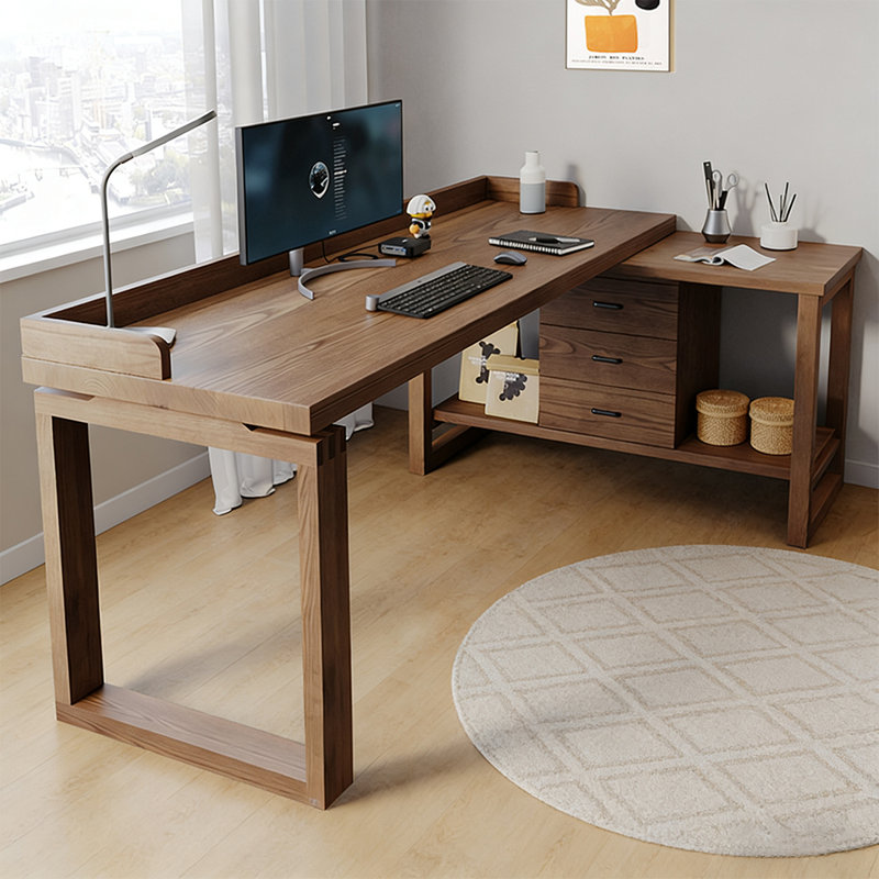 Bureau de direction en L en noyer massif avec tiroirs, Retour à droite, H 29,53 po x l 78,74 po x P 39,37 po