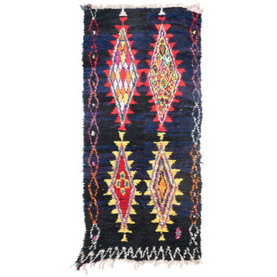 Tapis de couloir noir en laine de conception unique 2 pi 8 po x 7 pi 5 po Moroccan Rugs