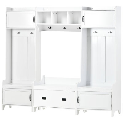Hallway Coat Rack With Entryway Bench, 7 Hooks, White, Ample Storage & Elegant Hooks Storage, Stable Stylish