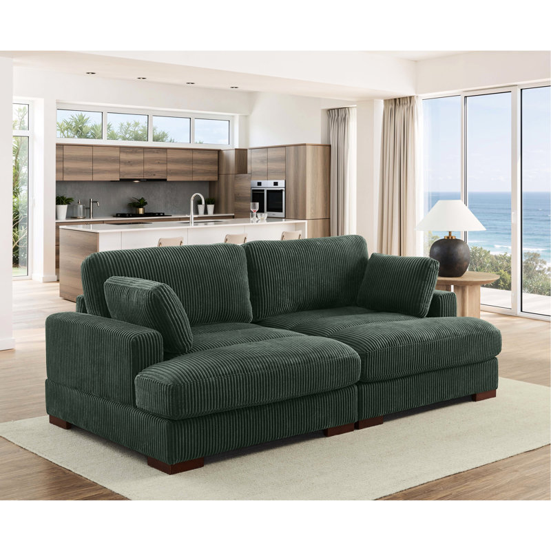 Grand méridienne, velours côtelé foncé, 2 places, deux coussins décoratifs, largeur 114 cm, poids 82 kg, montage facile - assise en velours côtelé avec espace, installation simple