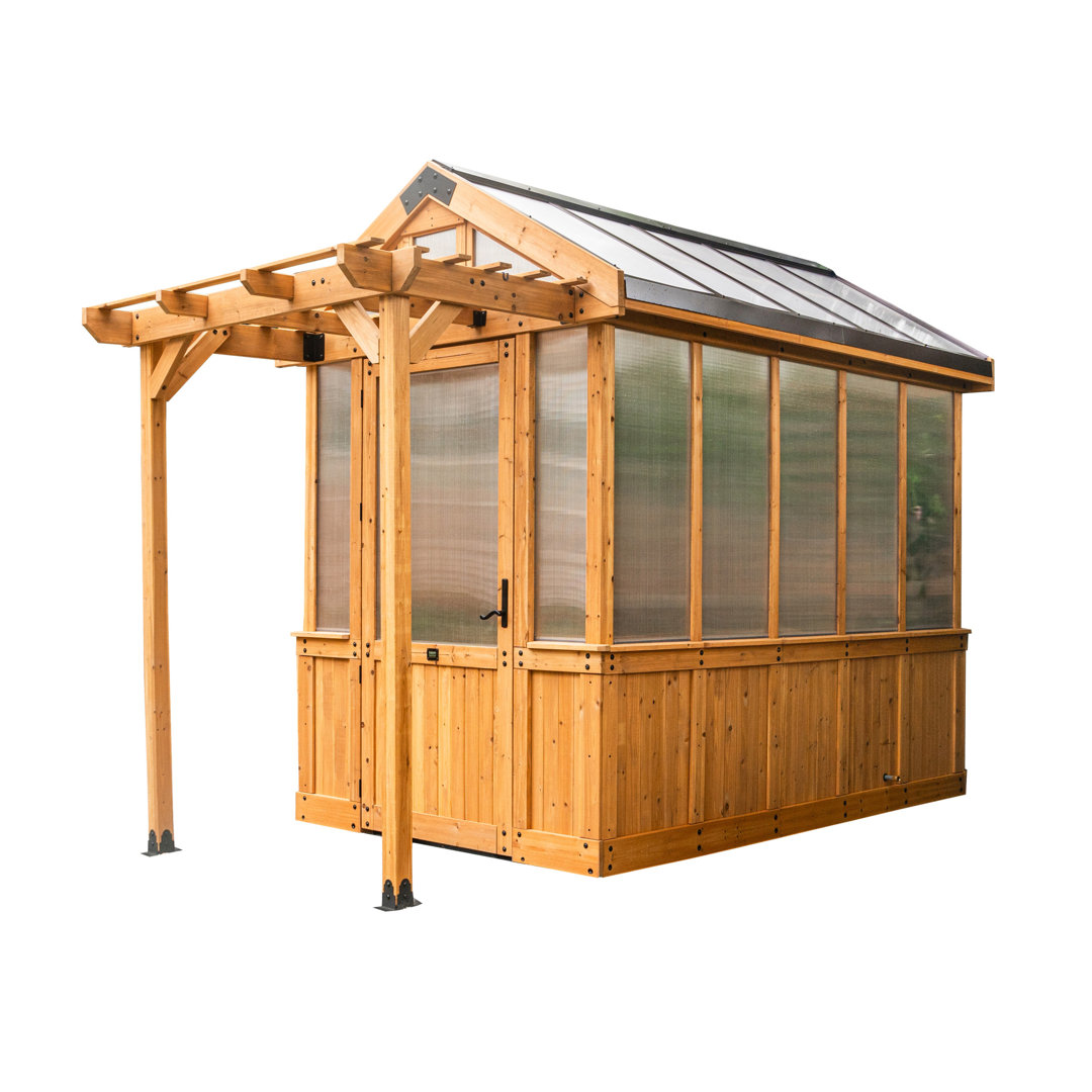 Backyard Discovery Bellerose 9' x 6' Cedar Wood and Polycarbonate Walk-In Outdoor Greenhouse Kit with Pergola Backyard Discovery