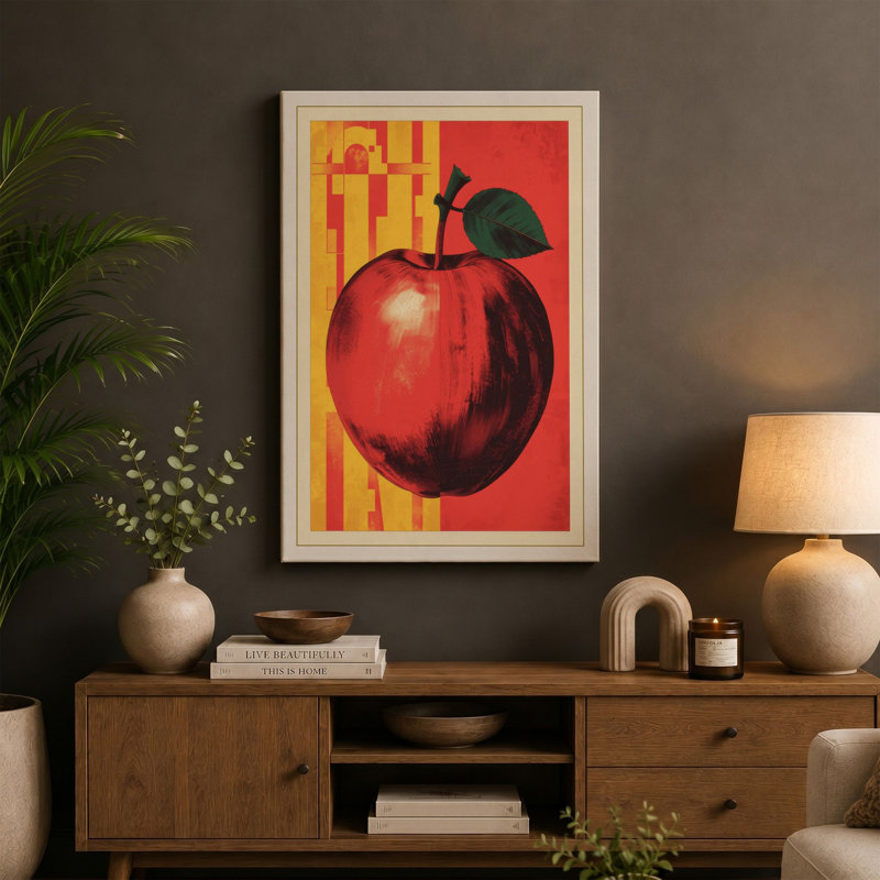 Red Apple Print Retro - Wrapped Canvas, 24x16 - 61.0 x 40.6 cm, Teal Border