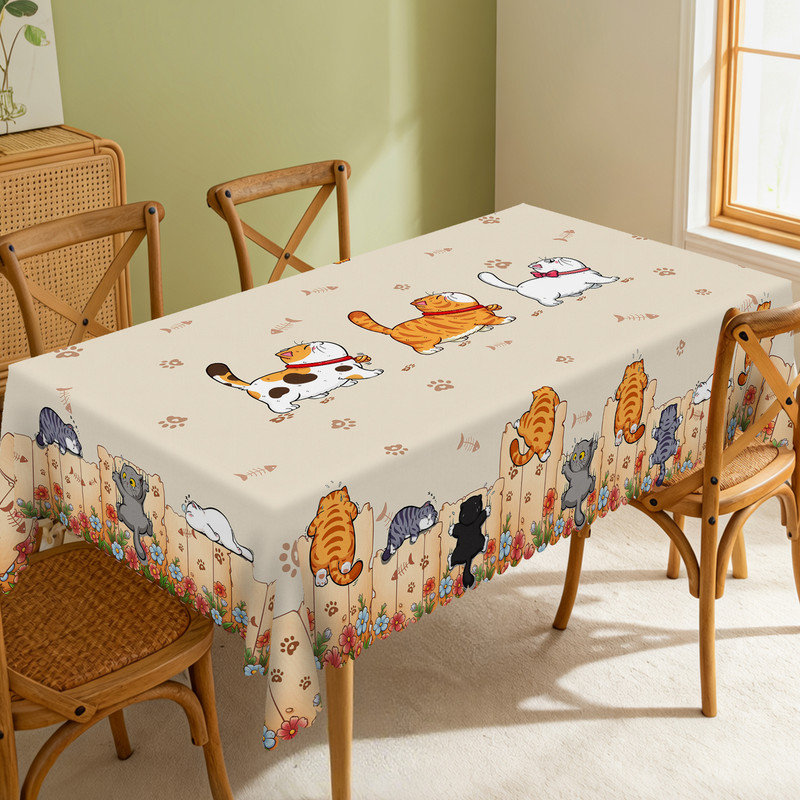 Beige Washable Polyester Tablecloth with Pet Cartoon Cat Design, 70.8" L x 55.12" W