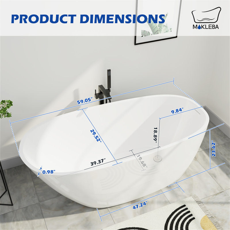 Baignoire de trempage autoportante ovale en acrylique 59 po. X 30 po., Blanc