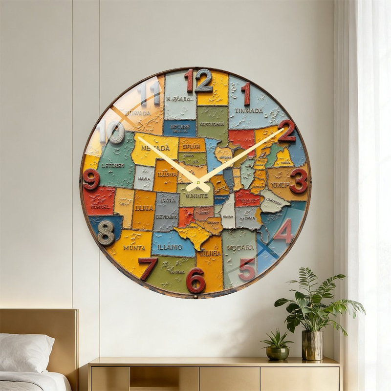 Horloge murale décorative avec carte d'État colorée - Horloge murale moderne en verre de 61 cm (24 po)