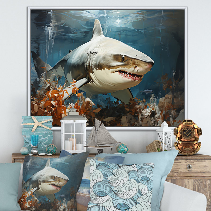 " Minimalism Shark Hunting ", 16" H x 32" W x 1" D, White Floater Framed