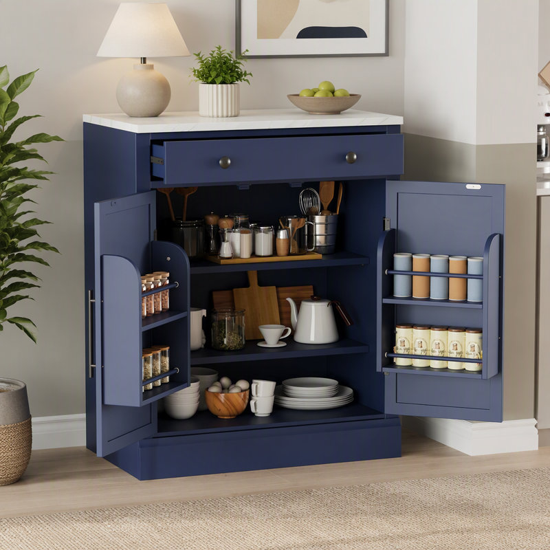 Ensemble de 2 meubles de cuisine modernes autonomes comprenant un buffet, un coin café, un tiroir, 2 tablettes ajustables et 2 tablettes à porte.