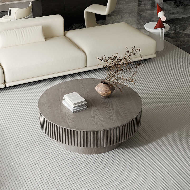 Table basse ronde en bois massif avec rangement 39,37 po, Grey, 13.78" H x 39.37" L x 39.37" W