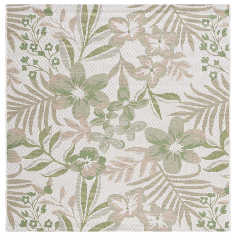 Tapis d'intérieur / extérieur tissé à la machine Aramantha - ivoire / vert / rose, Carré 6 pi 7 po