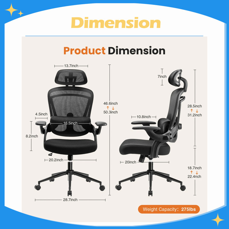 High Back Desk Chair with Adjustable Lumbar Support & Headrest,Comfortable Mesh Computer Chair with Soft Flip Up Arms, Black