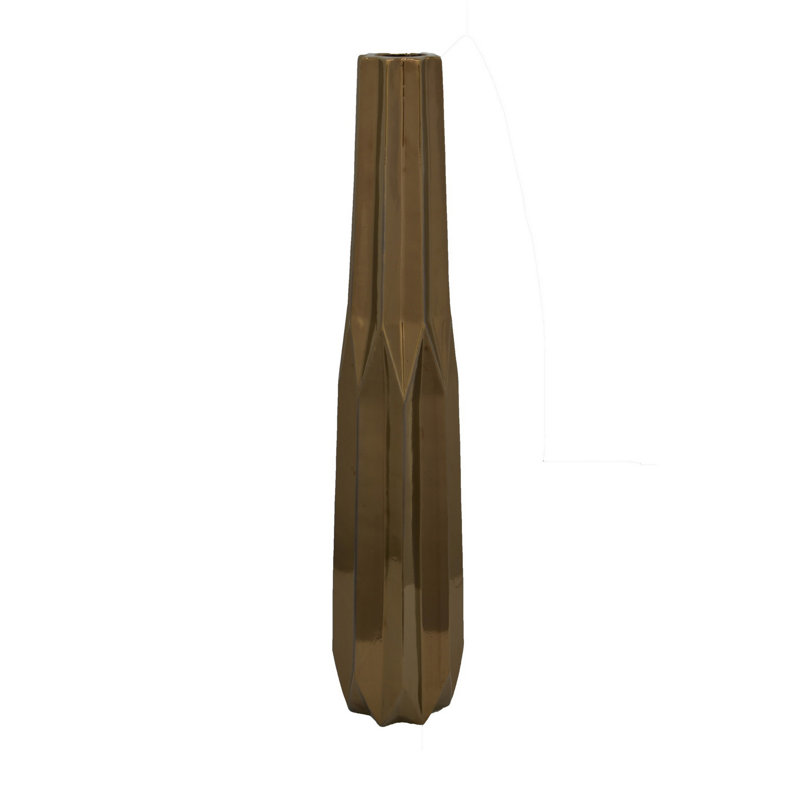 Tasha 32 Inch Vase with Geometric Design, Slim Profile Shiny Ceramic, Deep Bronze