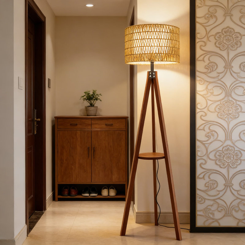 Boho Rattan Floor Lamp With Shelf And Bulb Included, Adjustable 3-Color Temperature Tripod Floor Lamp With Foot Switch, Rustic Wood Standing Lamp For Living Room And Bedroom