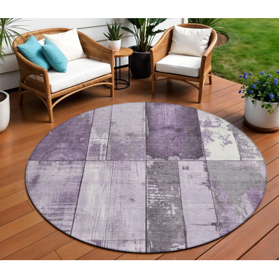Tapis rond géométrique violet et gris de 2,4 m (8 pi) lavable pour l'intérieur et l'extérieur