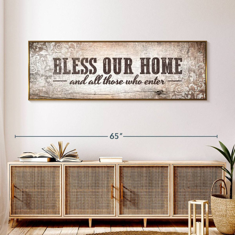 Plaque murale «Bless Our Home», Cadre flottant doré, 57 po x 19 po