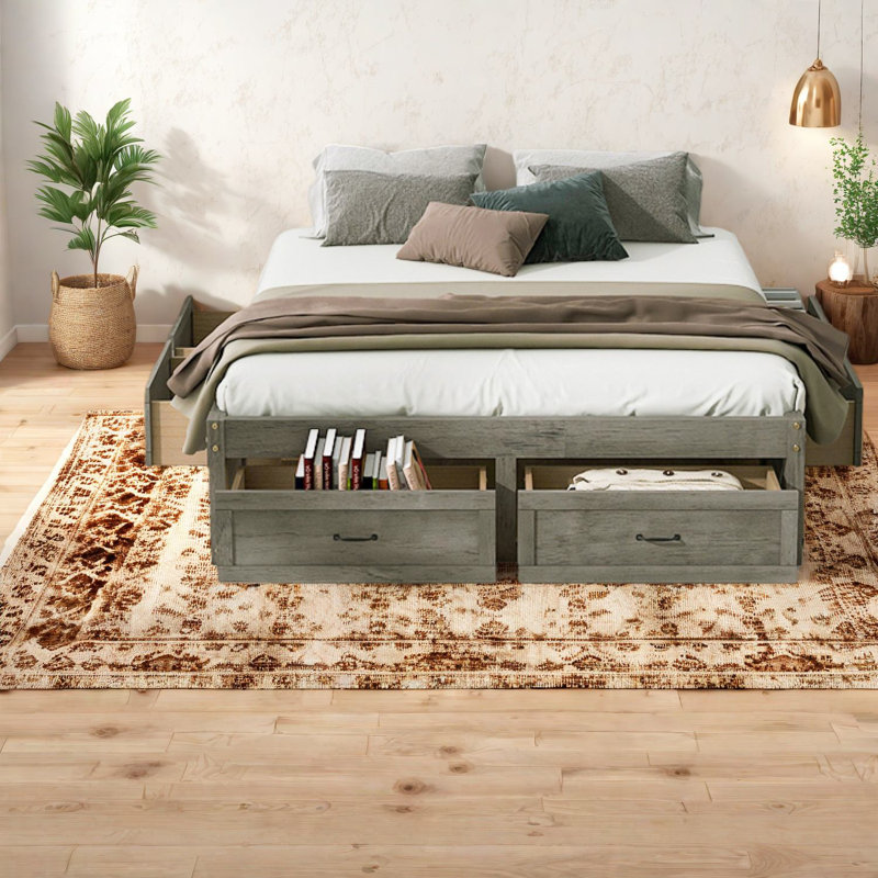 Spacious Queen Size Beds With Storage, Mdf Antique Gray, Modern Style For Home
