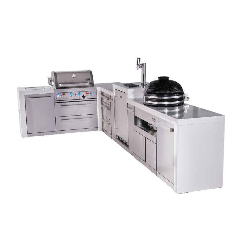 Mont Alpi Premium 4-burner 82"x156" L-shaped 400 Deluxe Stainless Steel Modular Outdoor Kitchen Island Bbq Gas Grill With Infrared Side & Rear Burners + Kegerator + Kamado + Storage Drawers & Cabinets